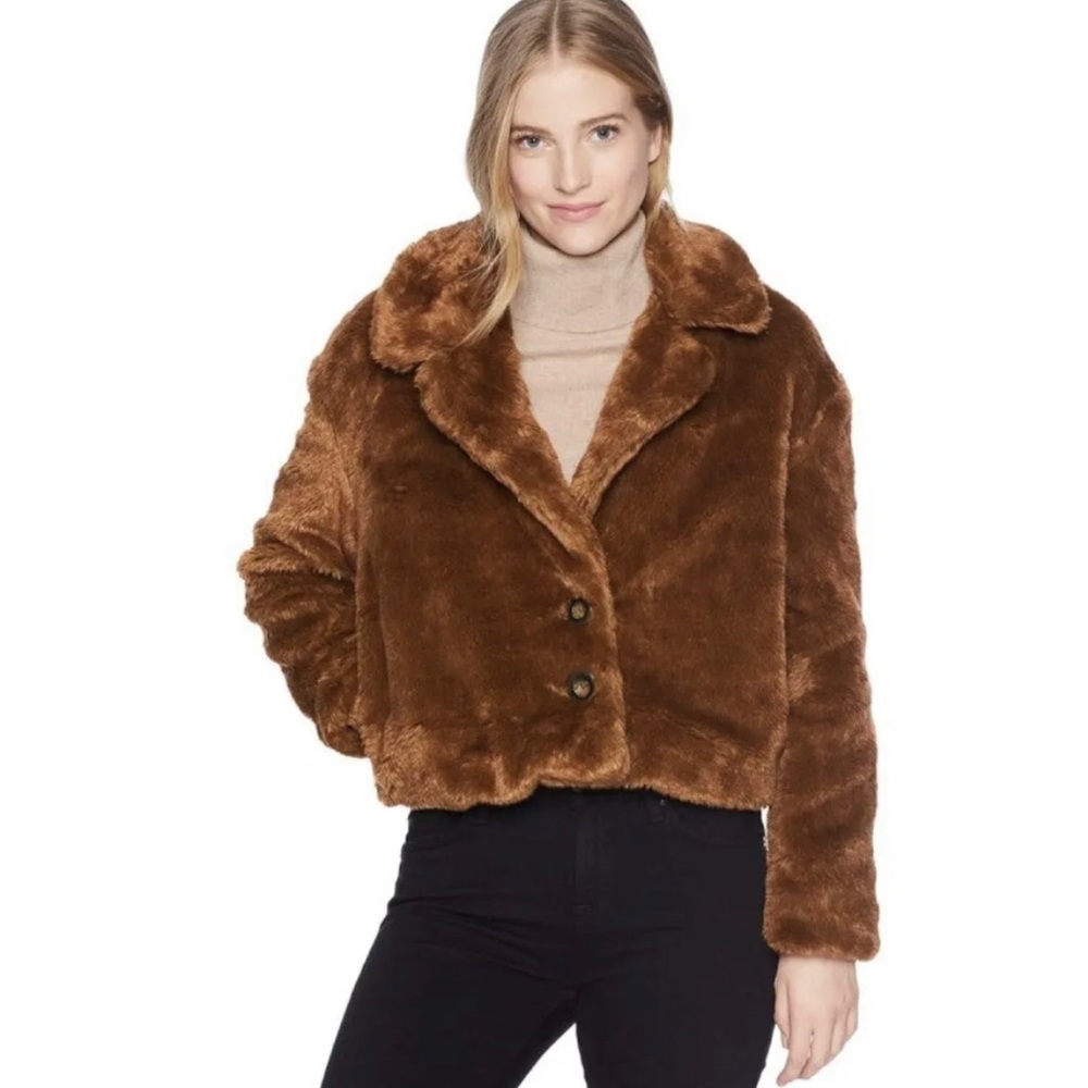 Free People Faux Fur Coat Mena Teddy plush soft brown cropped jacket XS